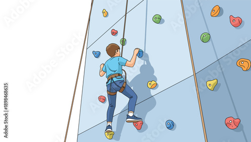Athletic boy in a harness and climbing shoes climbs an indoor rock wall with colorful grips and safety equipment.