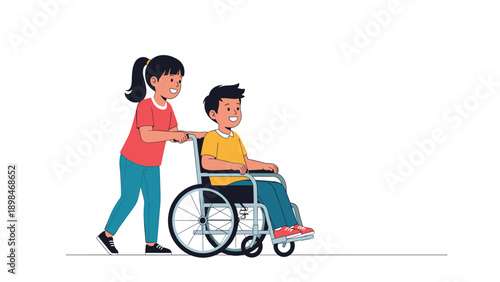 Smiling girl pushes her friend in a wheelchair demonstrating inclusive friendship and caring support for a peer.