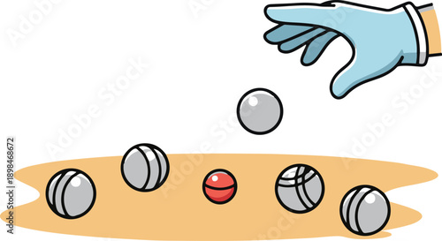 Vector illustration of a gloved hand tossing a metal ball during a game of petanque, featuring scattered boules and a red target jack on a sandy surface.