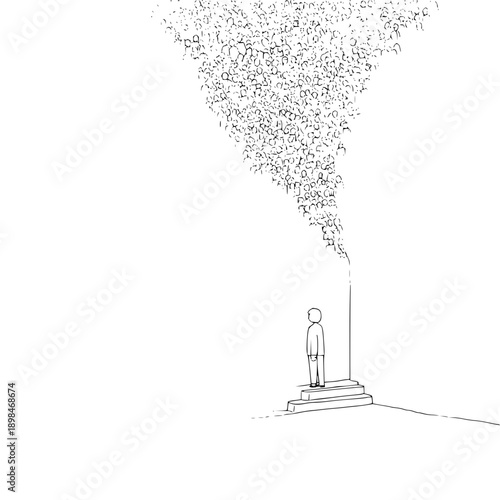 A lone figure stands on steps beneath a cloud of faces in a minimalist black and white illustration