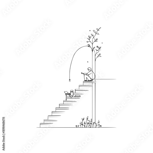 Person sitting on platform above stairs with laptop and tree in minimalist line drawing style art
