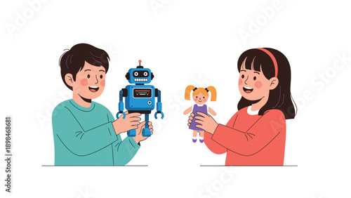 Young boy and girl share a moment of play as they show each other their favorite toys, a blue robot and a doll.