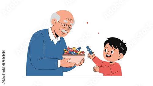 Kind grandfather with glasses offers a bowl of colorful wrapped candies to his smiling young grandson at home.