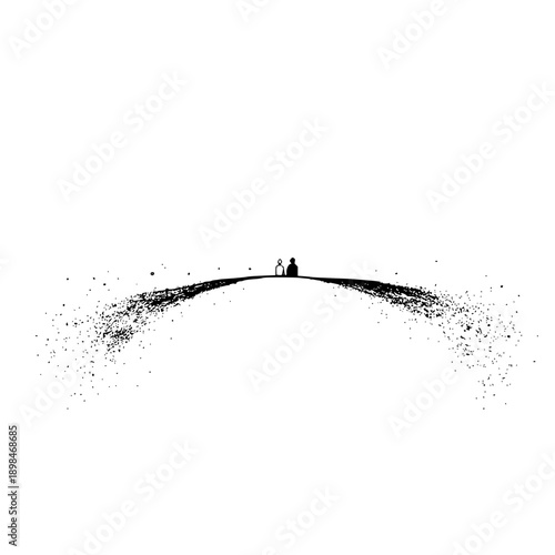 Two figures silhouetted on a horizon line with a trail of splatters in a minimalist black and white style