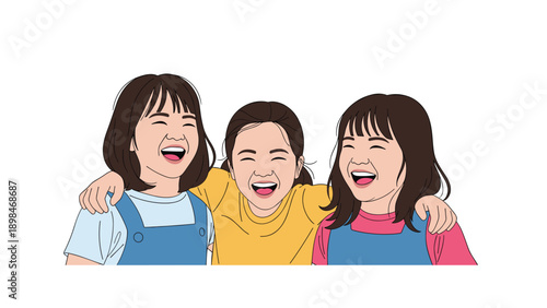 Three young girls with their arms around each other share a moment of laughter and close friendship together.