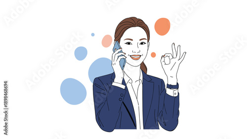 Confident businesswoman talking on a smartphone while making an okay gesture with colorful circles in the background.