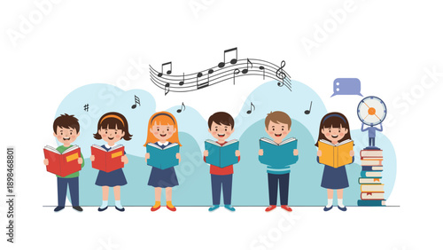 Diverse group of children holding books and singing together as a choir with musical notes floating in the background air.