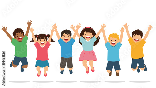 Large group of diverse children jumping high in the air with their arms raised in celebration and excitement against a plain background.
