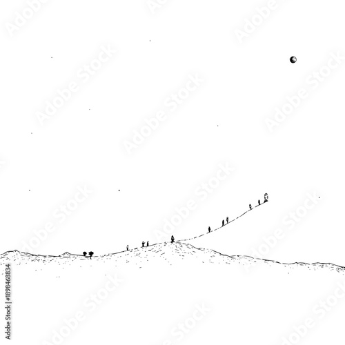 A black and white illustration of a group of people walking on a hill towards a rocket ship launch site