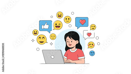 Young woman sitting at a laptop computer surrounded by various social media likes, hearts, and emoji symbols representing online interaction.