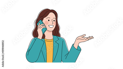 Professional young woman in a teal blazer smiling and gesturing while having a pleasant conversation on her mobile phone.