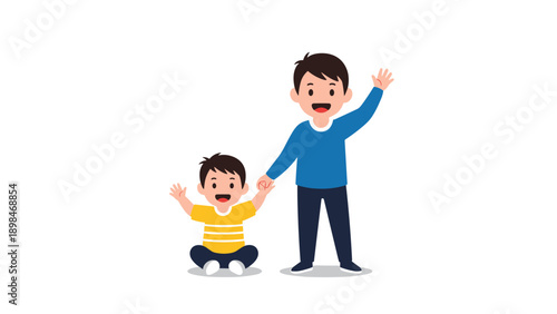 Happy father and his young son holding hands and waving to greet someone with joy against a plain white background.