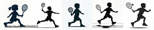 A Silhouette Cute Child Playing Tennis Vector Illustration