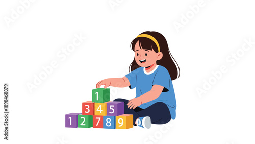 Preschool girl sitting on the floor and learning to count by stacking colorful blocks with numbers in a sequential order.