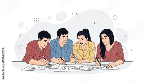 Diverse team brainstorming ideas and sketching in a collaborative meeting.