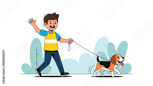 Happy young boy waving while walking his beagle dog on a leash through a park with bushes in the background.
