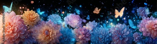 Surreal glowing flowers with colorful butterflies in a dreamy garden setting high-fidelity gigapixel art