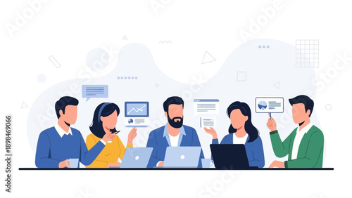 Diverse business team in meeting, discussing project ideas with laptops and charts