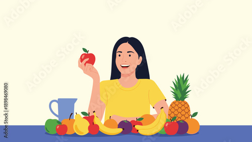 Young woman sitting behind a table piled high with a variety of fresh colorful fruits such as apples, bananas, and pineapples.