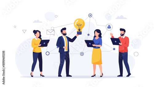 Teamwork and Innovation: Business People Holding Laptops and Lightbulb Idea