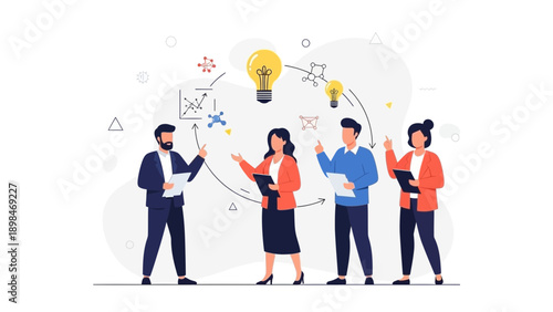 Team brainstorming idea generation, business concept development, innovation process