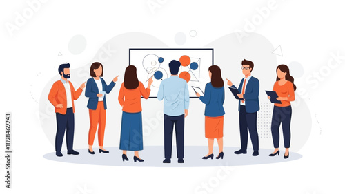 Team meeting, brainstorming session, business strategy discussion with whiteboard illustration