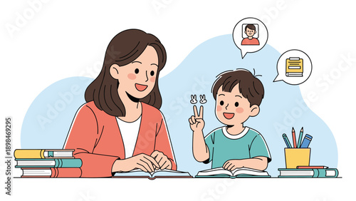 Friendly teacher and a young boy sitting together at a desk with books while the boy holds up two fingers during a lesson.