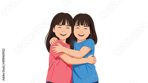 Two happy young girls share a warm embrace and laugh together against a plain white background in this cute illustration.