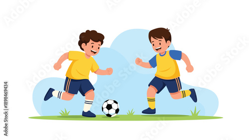 Energetic young boys in yellow and blue jerseys enjoy playing a soccer match on a green field under a clear blue sky.