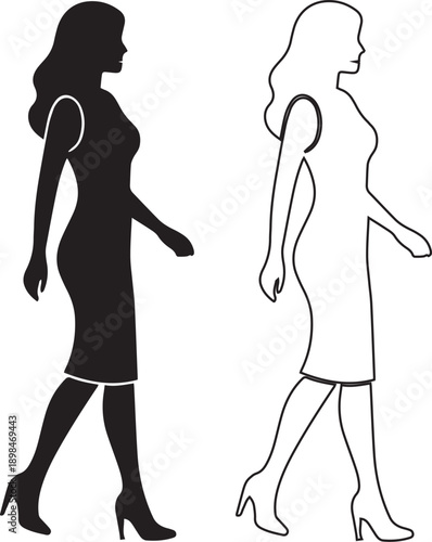 Two elegant female silhouettes, one solid black and one outline, walking confidently in profile.