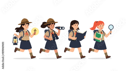 Group of four diverse girl scouts in uniform run together while carrying a lantern, binoculars, a book, and a magnifying glass.