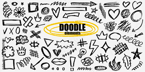 Pen scribble vector set with loose curved lines. Thin brush strokes and ballpen squiggles on rough paper texture. Underlines strike through marks and messy doodle accents for graphic design.