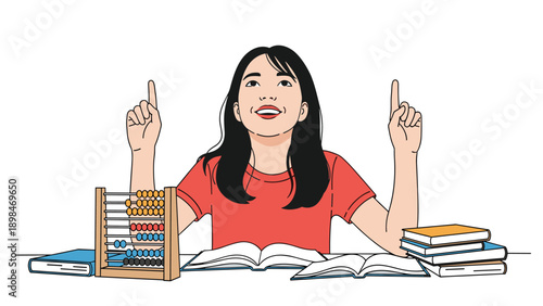 Happy young student girl points upwards while studying at her desk with an abacus, open books, and stacks of textbooks.