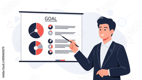 Businessman presenting financial goals with charts on a whiteboard