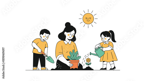 Mother and her two young children work together in a garden planting a flower in a pot under a bright smiling sun.