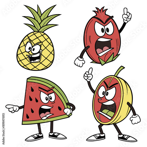 Cartoon fruits with expressive faces and gestures pineapple