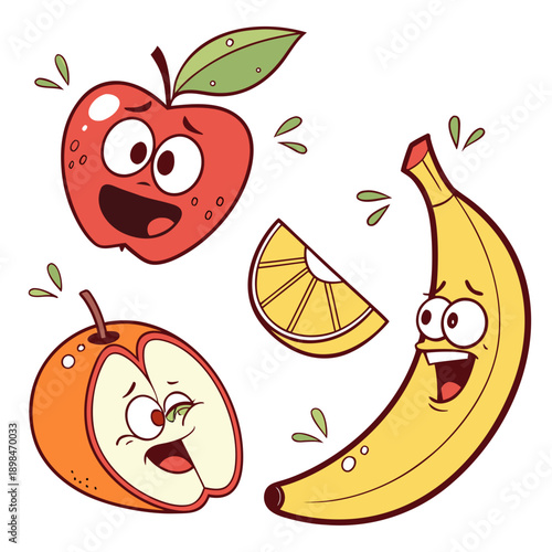 Cartoon fruits with expressive faces apple banana orange