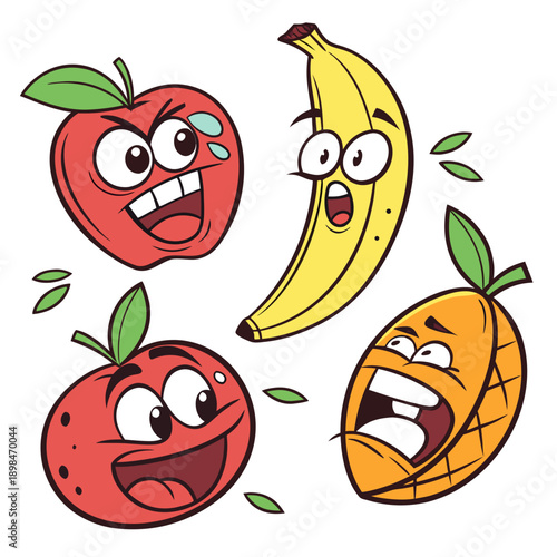Cartoon fruits with expressive faces apple banana 1