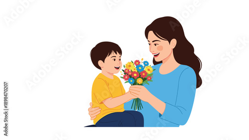 Sweet young boy gives a beautiful bouquet of colorful flowers to his mother who holds him lovingly in her arms.