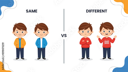 Educational illustration for children demonstrating the concepts of same and different using four cartoon boy characters.