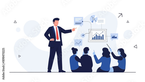 Business man presenting analytics and strategy to team in modern office