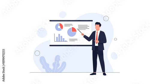 Businessman presenting financial report with charts on screen