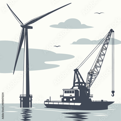 Floating crane vessel operating beside offshore wind turbine