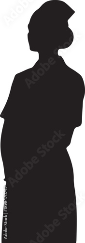 A dedicated female nurse, elegantly depicted in a clear silhouette against a stark white backdrop, stands poised and attentive with her hands clasped, wearing a traditional nurse's cap and uniform, 