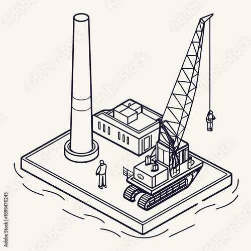 Floating construction platform with crane and chimney