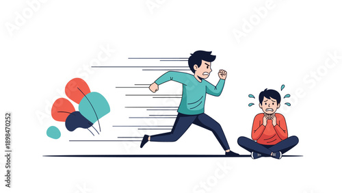 Angry boy runs towards a frightened boy sitting on the ground to illustrate the concept of bullying and conflict.
