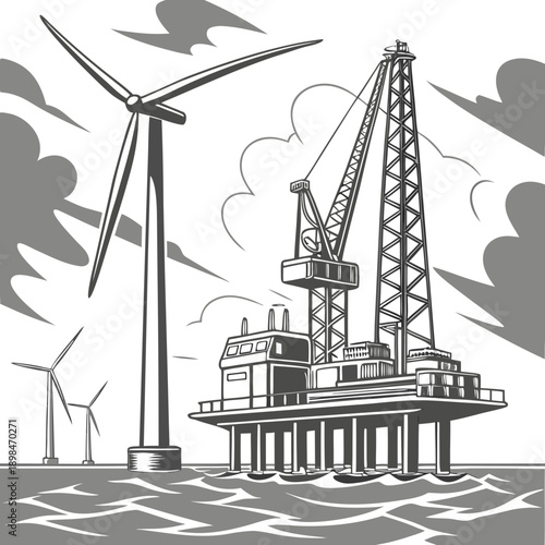 Floating industrial base with wind turbine and crane