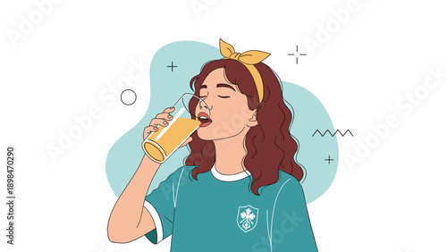 Stylish young woman with wavy hair and a yellow headband drinks a glass of orange juice against an abstract background.