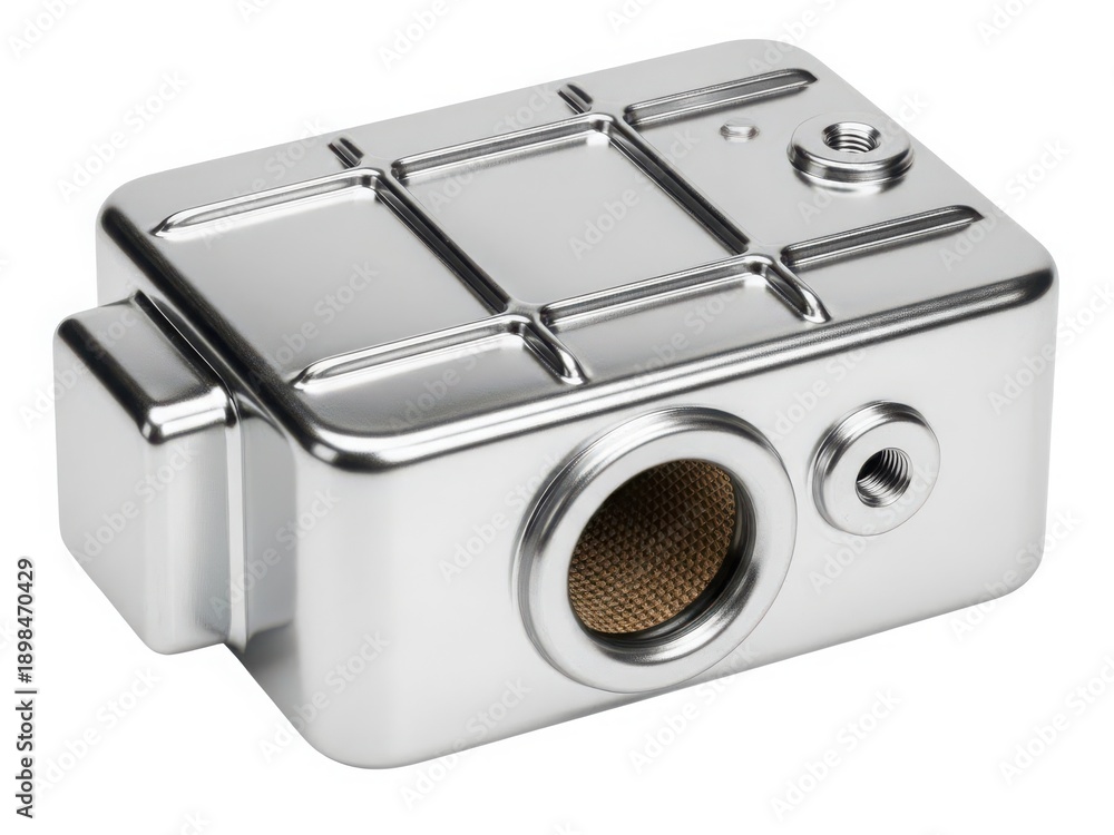 Obraz premium A close-up view of a silver metal electrical box with a round hole and a threaded port