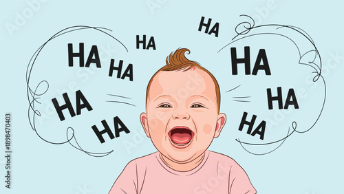 Close up portrait of a joyful baby laughing out loud with several ha ha text bubbles floating around its head.